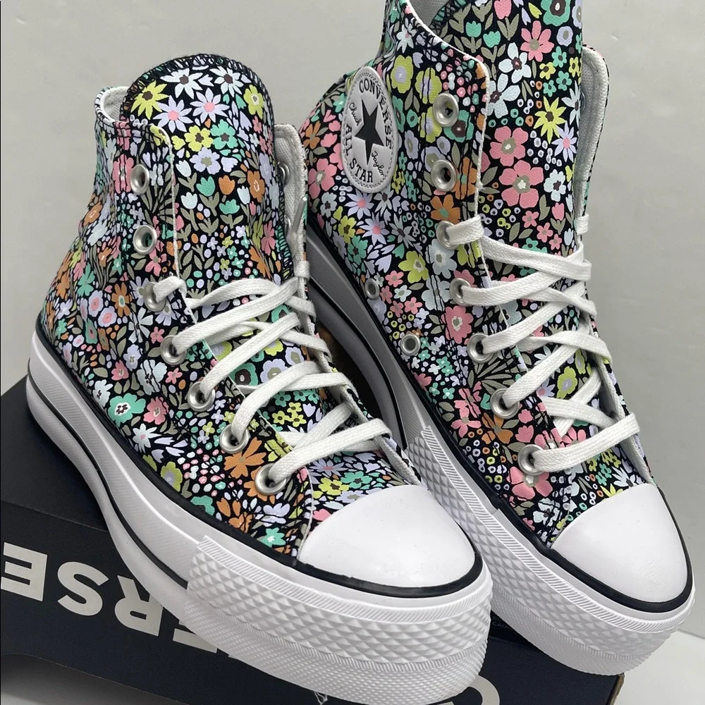 Converse Floral Platform High Top Sneakers - Black with Pastel Flowers